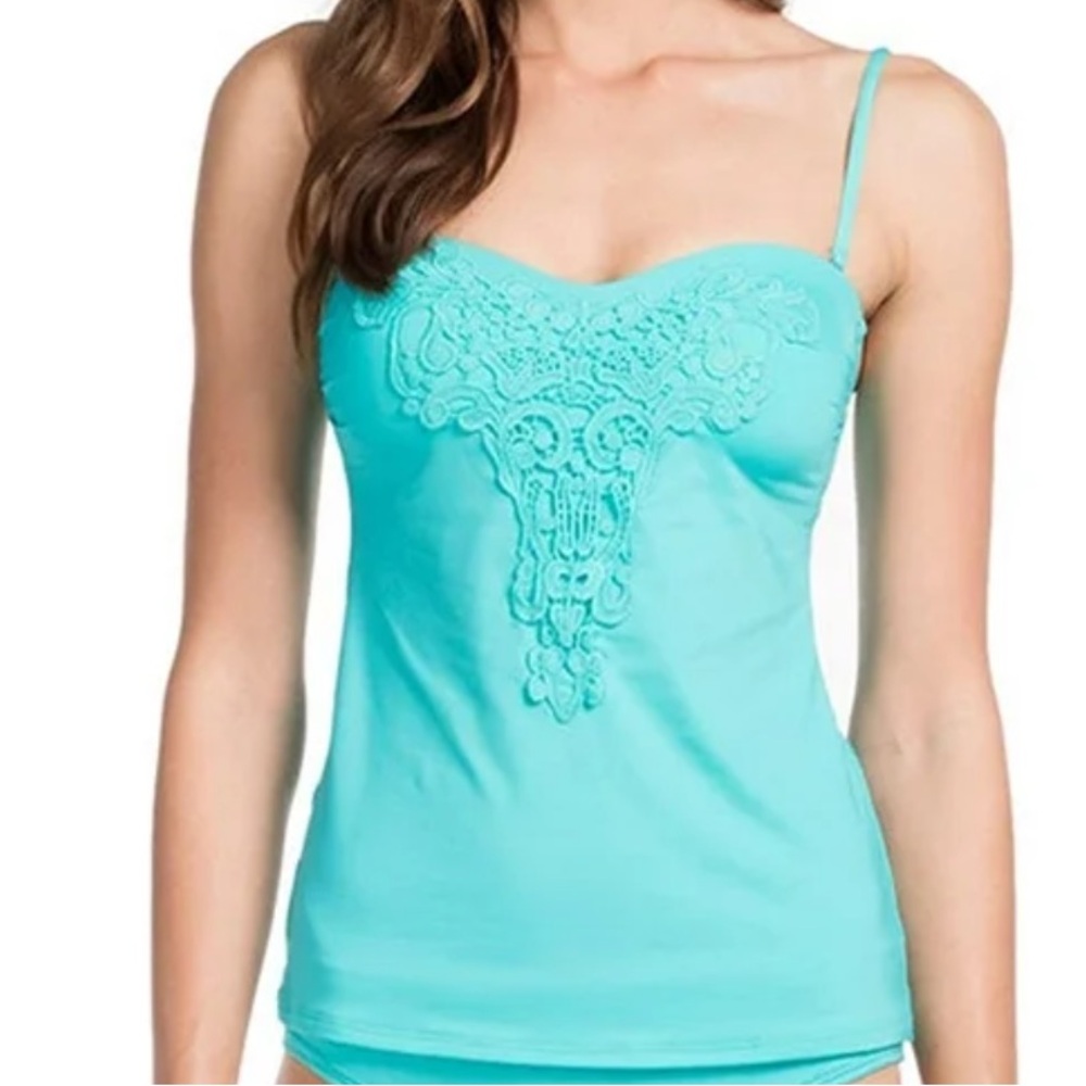 Y2k vintage Kenneth Cole turquoise tankini lace crochet tiered ruffled Swimcore